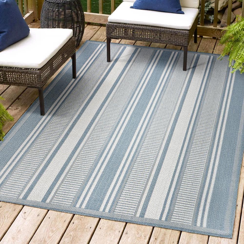 8' x 10' Haynes Modern Double Stripe Indoor/Outdoor Area Rug, Blue/Light Gray - JONATHAN Y