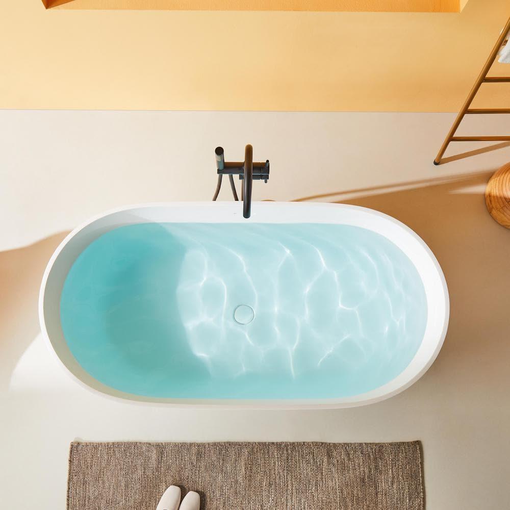 59" x 30" Freestanding Soaking Solid Surface Bathtub Stone Resin Bath Tub with Overflow and Pop-up Drain for Contemporary Bathroom, Glossy/Matte White