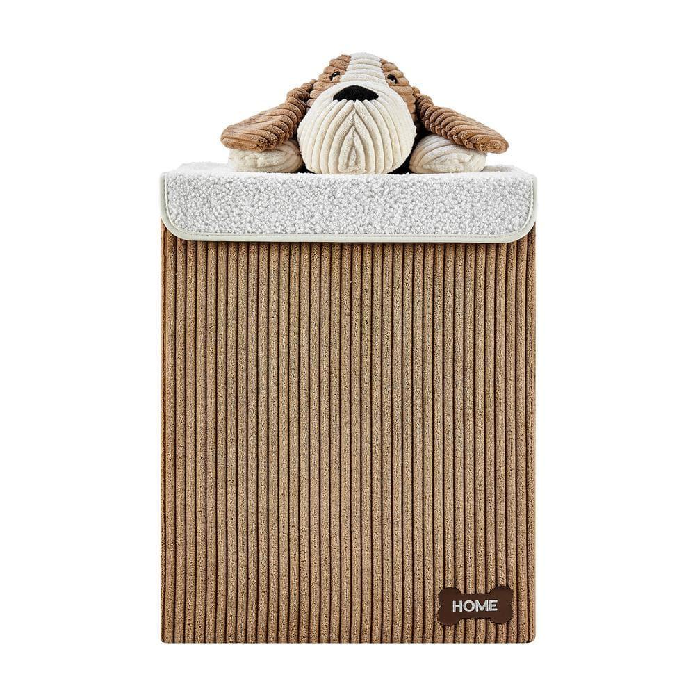Danya B. Collapsible Folding Corduroy Kids' Laundry Hamper Toy Storage Brown with Dog Lid