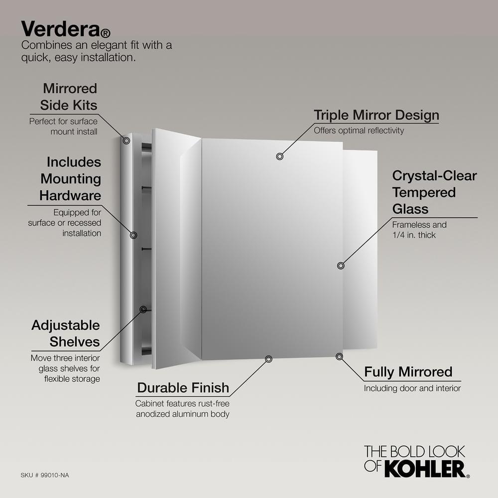 KOHLER Verdera® Aluminum Triple-Door Medicine Cabinet, Frameless with Adjustable Shelves