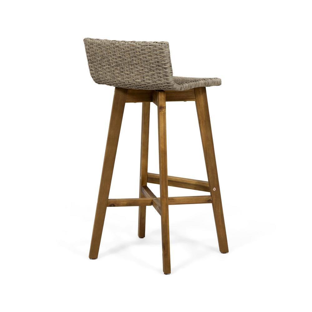 Pico Brea Outdoor Acacia Wood & Wicker Barstools, Set of 2, Light Brown and Teak