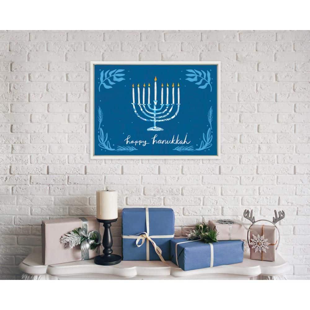 Kate and Laurel Sylvie Happy Hanukkah Framed Canvas Wall Art by Jessi Raulet of Ettavee, 18x24 White, Jewish Hanukkah Illustration Art for Wall