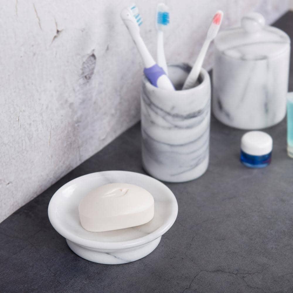 Creative Home Genuine Natural Marble Round Bar Soap Dish Soap Tray Holder Countertop Organizer, 5" Diam. x 1.5" H, Off-White