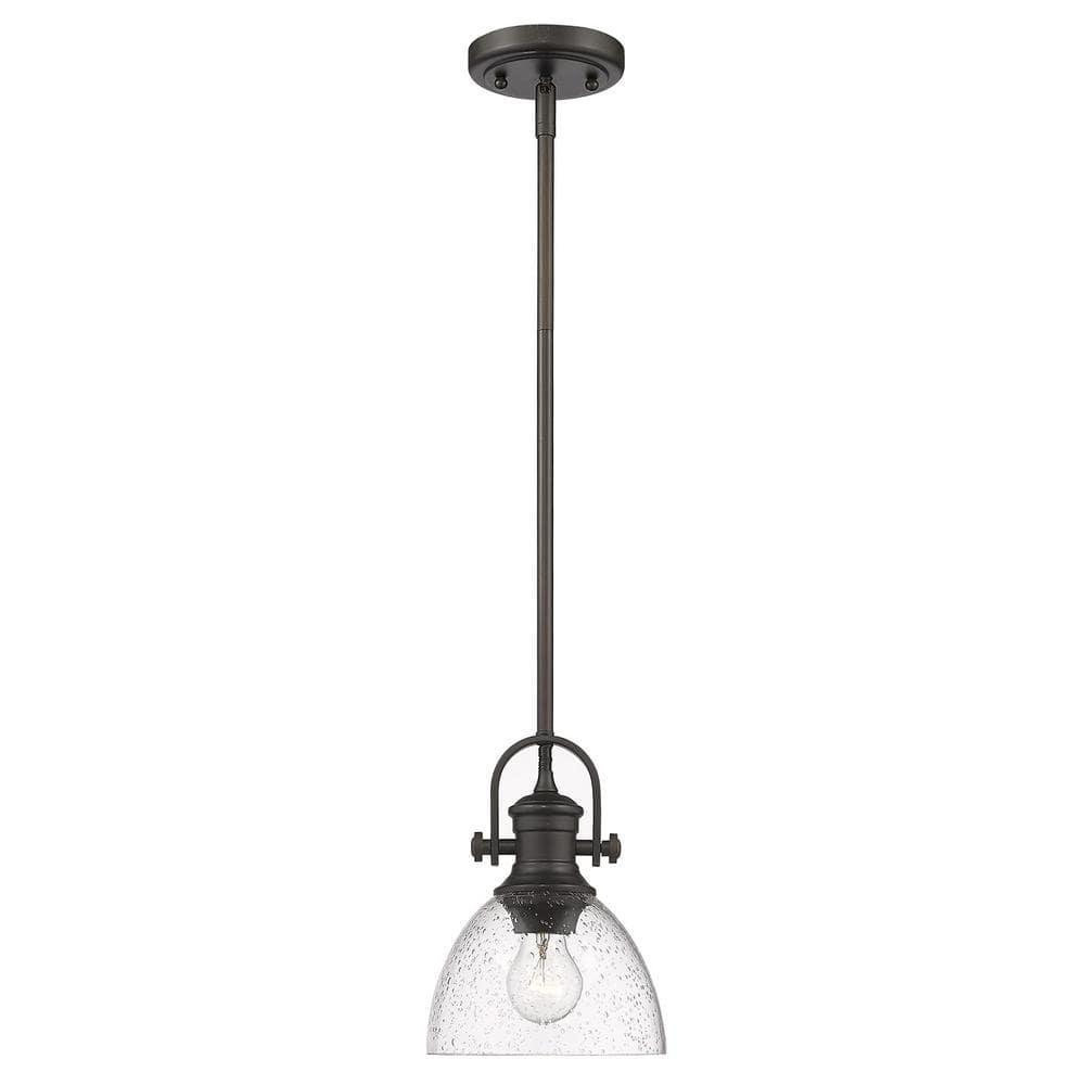 Golden Lighting Hines 1-Light Mini Pendant in Rubbed Bronze with Seeded Glass