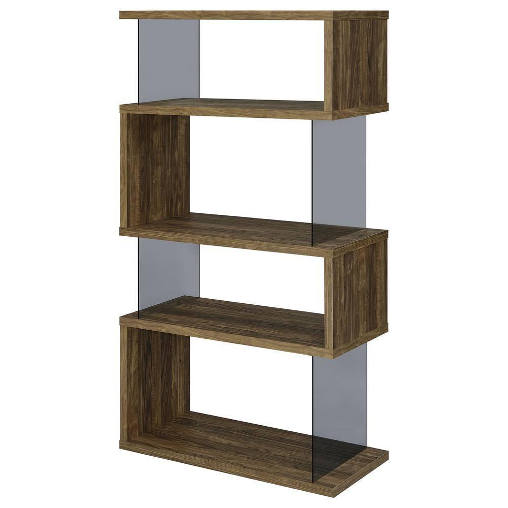 63" Emelle 4 Shelf Zig Zag Bookcase with Glass Panels Walnut - Coaster: Modern Laminated Storage Display