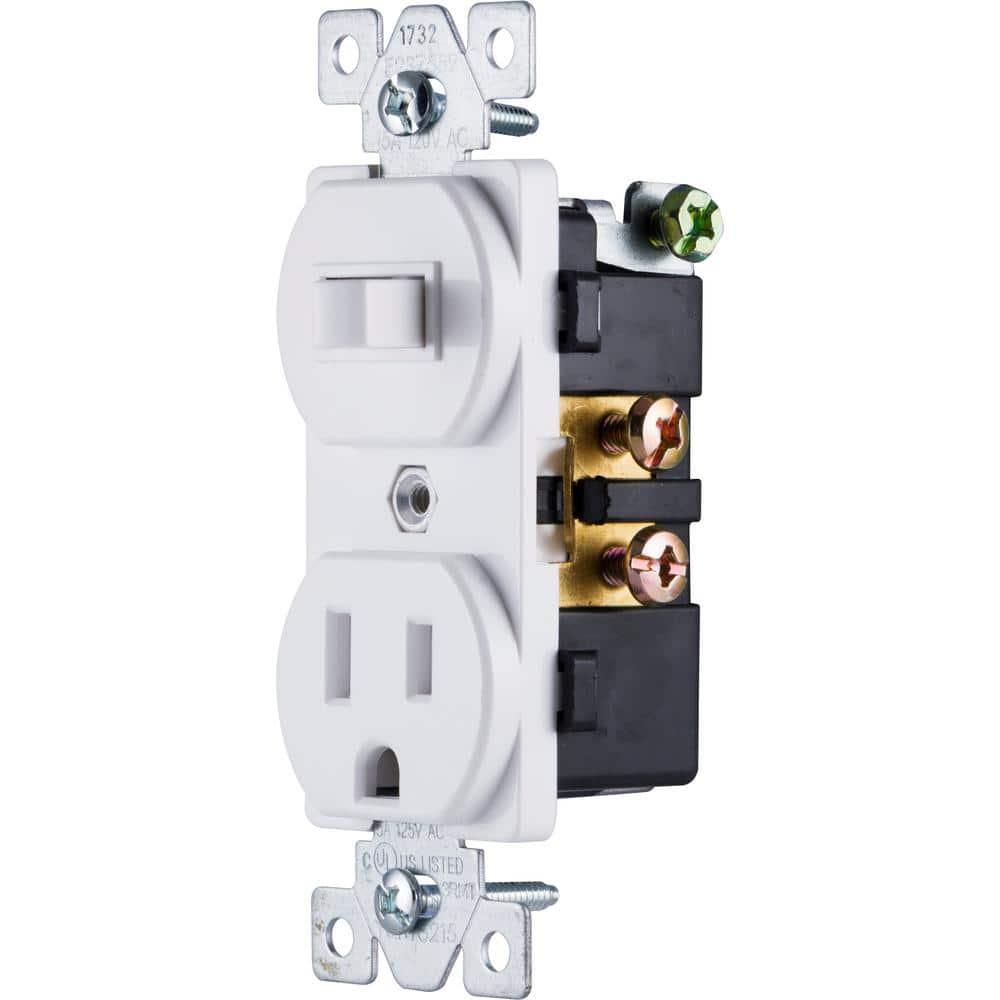 GE Wall Switch & Outlet Combo, Two-in-One Receptacle, 1 On/Off Toggle Power Switch, 1 Grounded AC Outlet Wall Plug, Single Pole, 3 Prong, 15 Amp, UL Listed, White, 59797