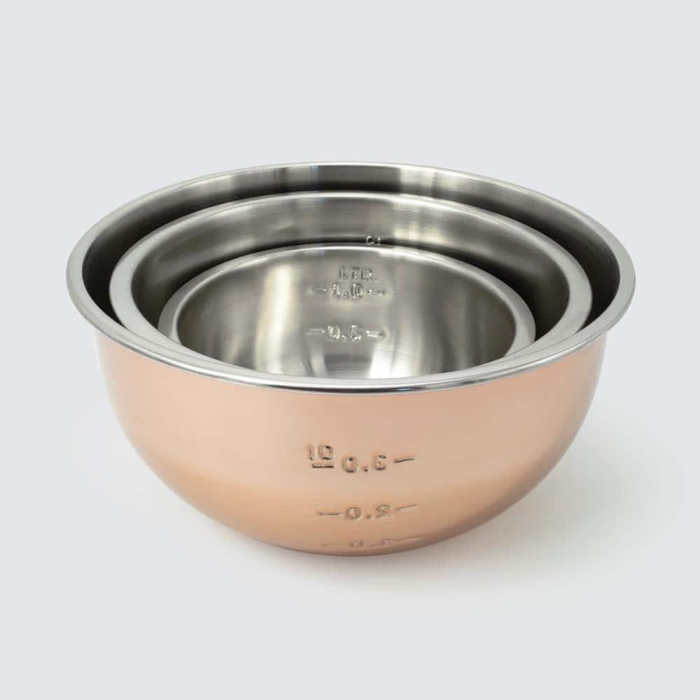 1.5Qt, 3Qt, 5Qt, Copper Tone Stainless Steel Mixing Bowl Set w/Plastic Lids