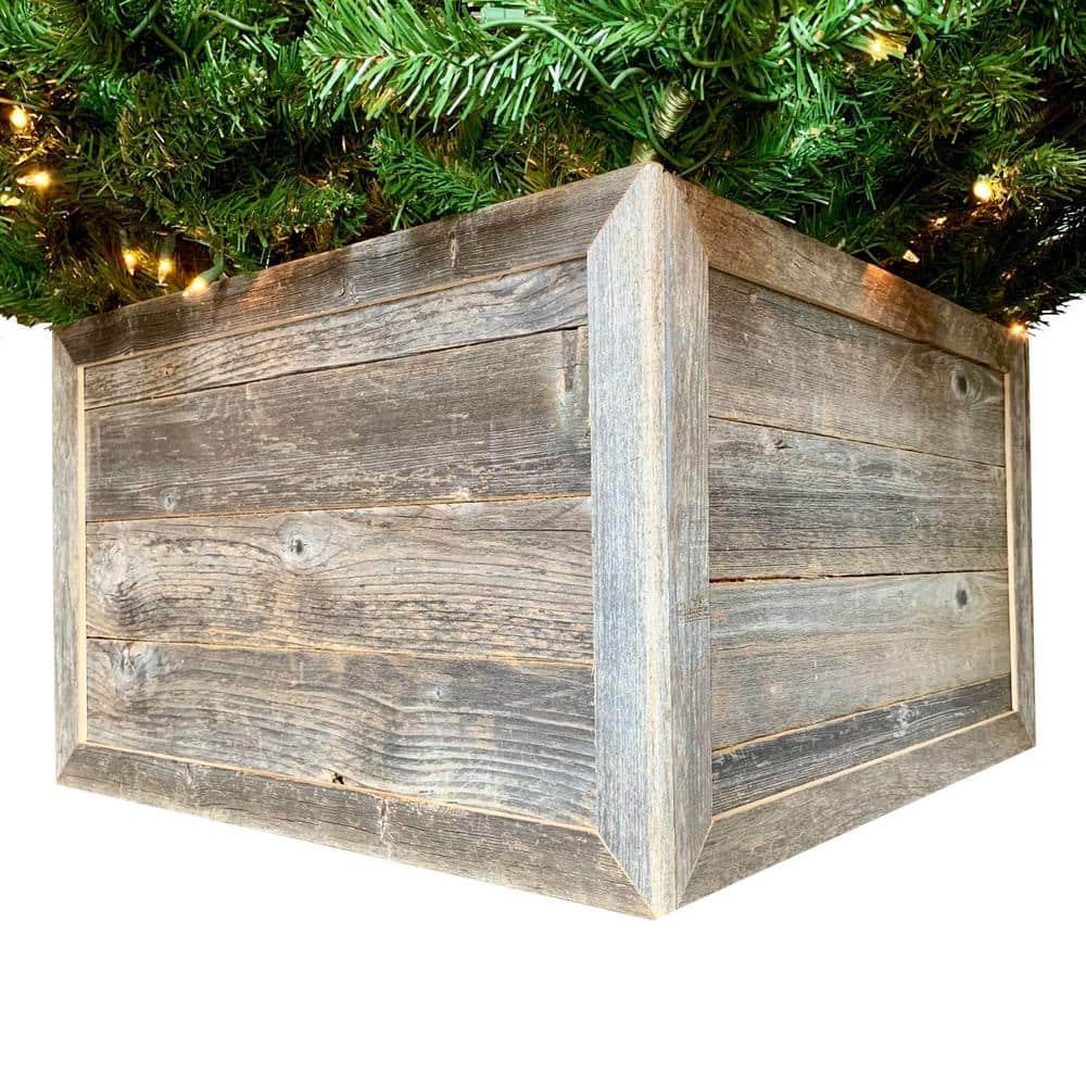 Reclaimed Wood Tree Collar or Box – Rustic Tree Skirt Replacement Blocks Kids & Pets, Adds Farmhouse Charm to Christmas Decor – Natural, Hook-&-Loop Strip Panels by BarnwoodUSA, 24x17.5 in., Gray