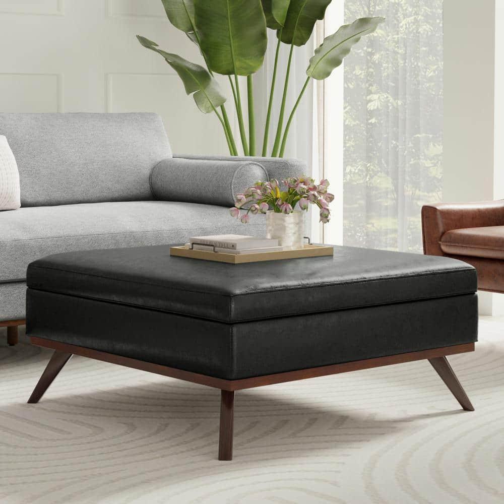 Simpli Home Owen 40"W XL Upholstered Square Coffee Table Storage Ottoman with Lift Top and Solid Wood Legs