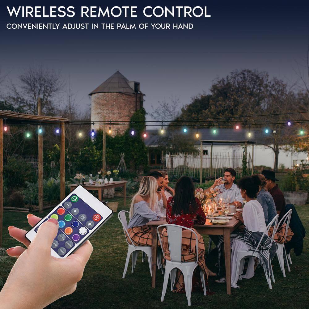 Luxrite 48FT LED RGBW Outdoor String Lights, Remote Control Color Changing Cafe Lights, Commercial Grade Waterproof, 24 Edison S14 Shatterproof Bulbs, IP65, Dimmable Outside Hanging Lights for Patio