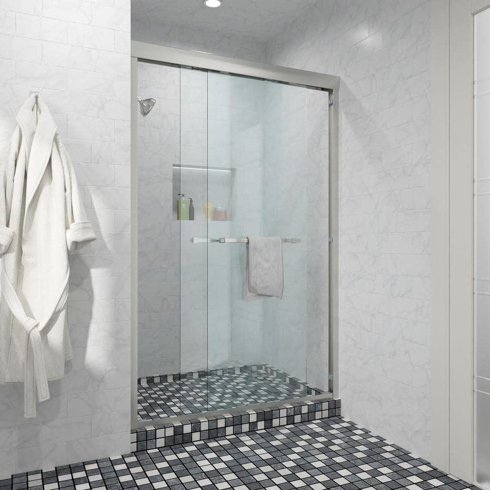 COUOKO 48" W X 76"H Semi-Frameless Shower Door Bypass Sliding Shower Enclosure, Brushed Nickel RD-CUK6A22-48SS
