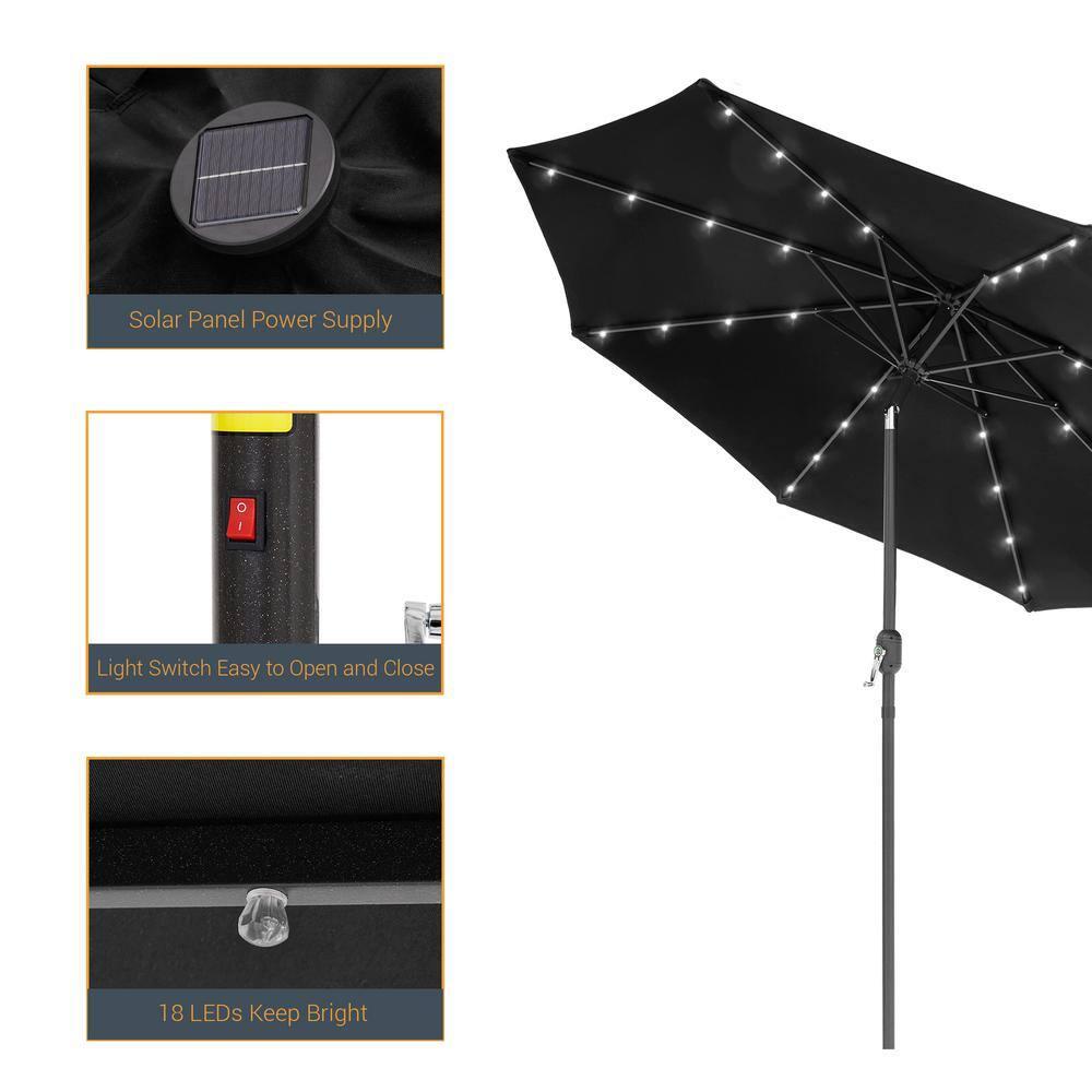 9 ft. Solar Lighted LED Outdoor Patio Market Table Umbrella in Black, UV-Resistant Canopy and Tilt Button