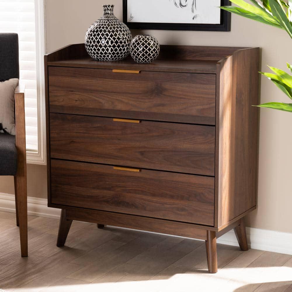 Lena Walnut Chest Brown - Baxton Studio: Mid-Century 3-Drawer Storage for Bedroom