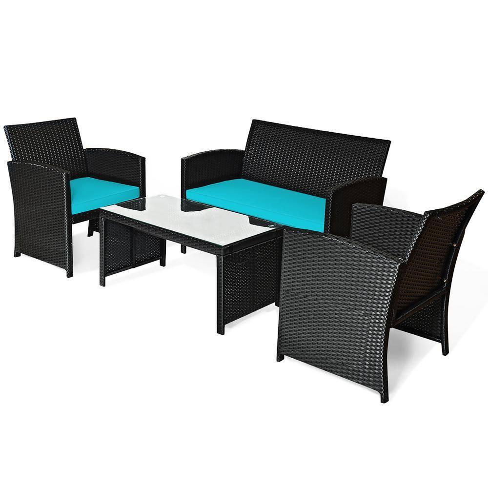 Resenkos 4 Pieces Patio Rattan Furniture Set, Outdoor Patio Furniture Set with Weather Resistant Cushions and Tempered Glass Tabletop-Turquoise