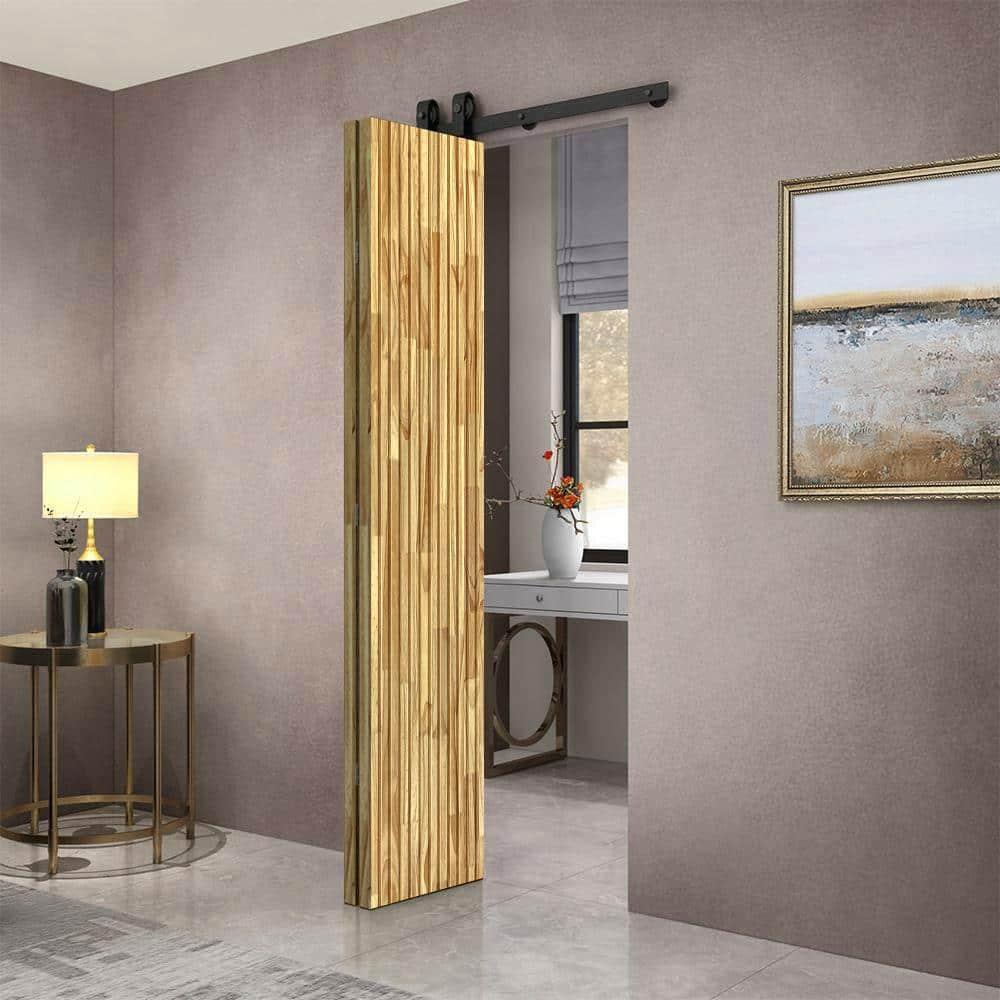 Calhome Japanese Series Stained Pine Wood Bi-Fold Barn Door with Sliding Hardware Kit