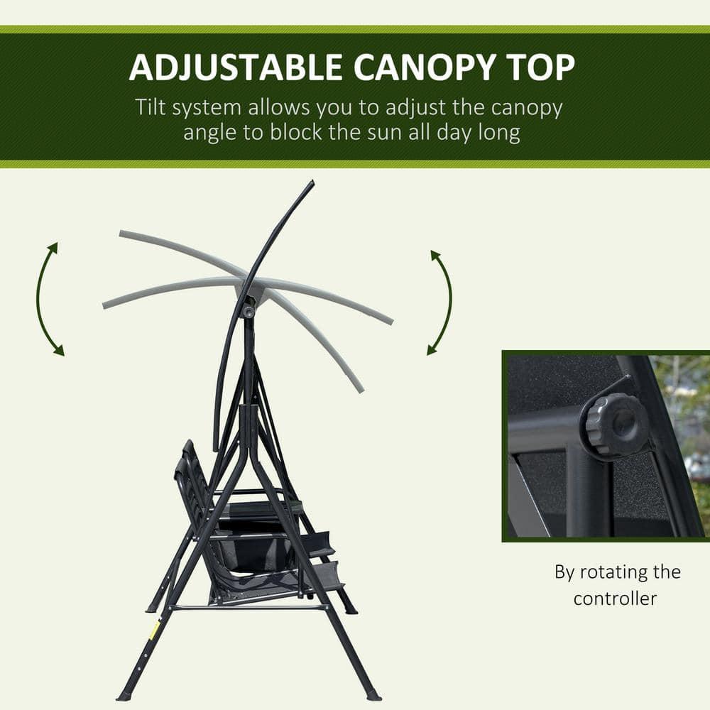 Outsunny 2 Person Porch Swing with Canopy, Covered Patio Swing with Pivot Storage Table, Cup Holder, & Adjustable Overhead Canopy, Black