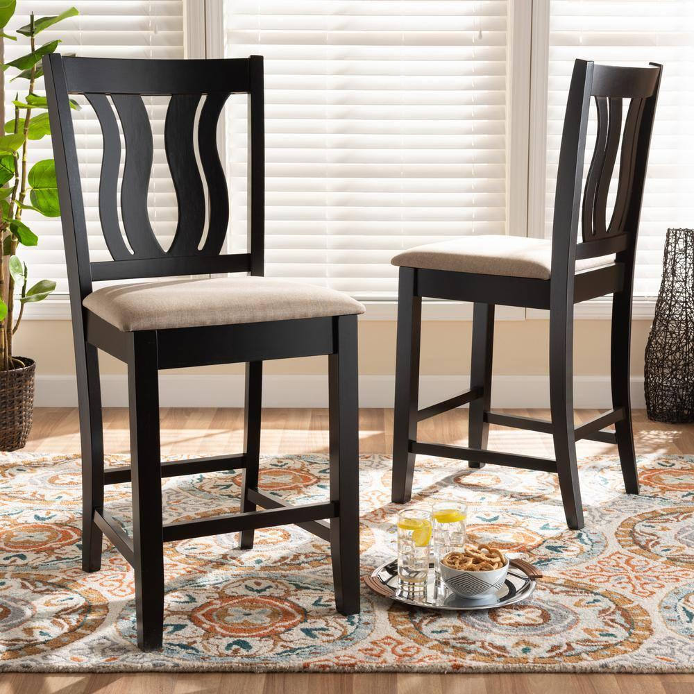 Baxton Studio 2pc Fenton Fabric Upholstered and Wood Barstool Set Dark Brown: Geometric Backrest, Polyester Upholstery, 25" Seat Height