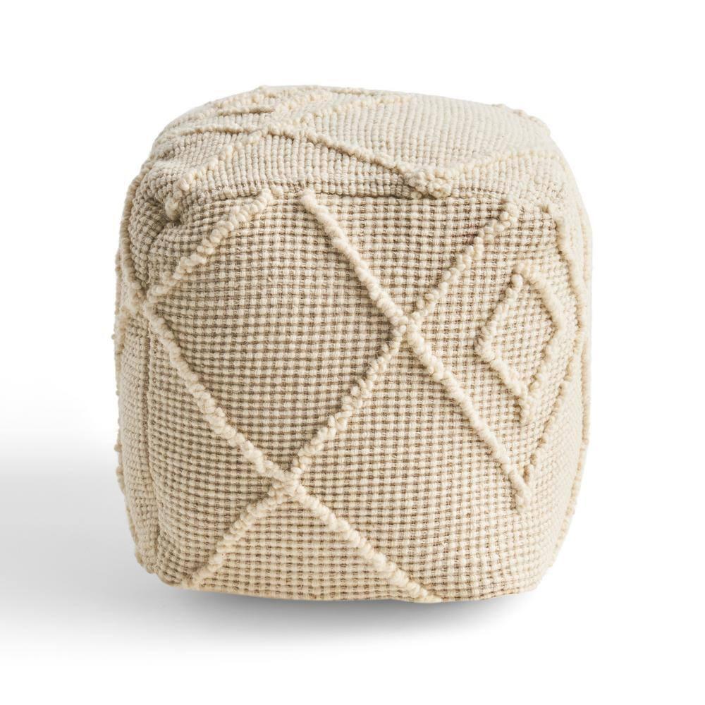 Noble House Cube Geometric Woven Wool Pouf, Off-White