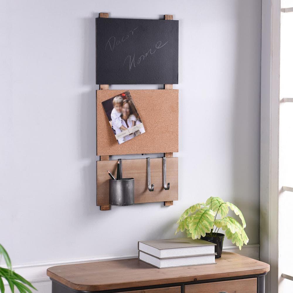 Multi-Functional Wall Memo Board - Chalkboard And Corkboard With Hanging Storage Capabilities - Natural, Black Finish
