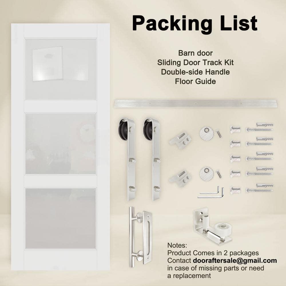 Home Worthy Frosted Glass Solid Manufactured Wood Painted Sliding Barn Door with Nickel-Hardware Kit(No Assembly Required)