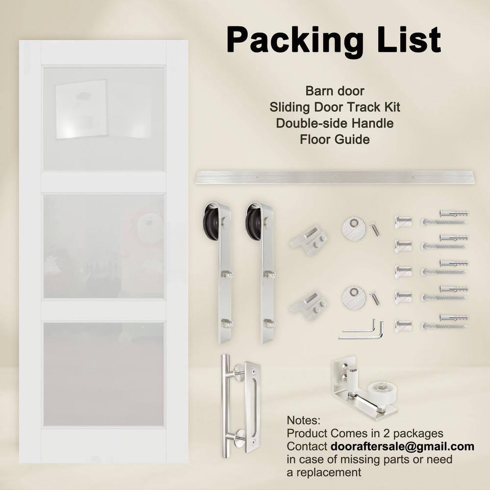Home Worthy Frosted Glass Solid Manufactured Wood Painted Sliding Barn Door with Nickel-Hardware Kit(No Assembly Required)