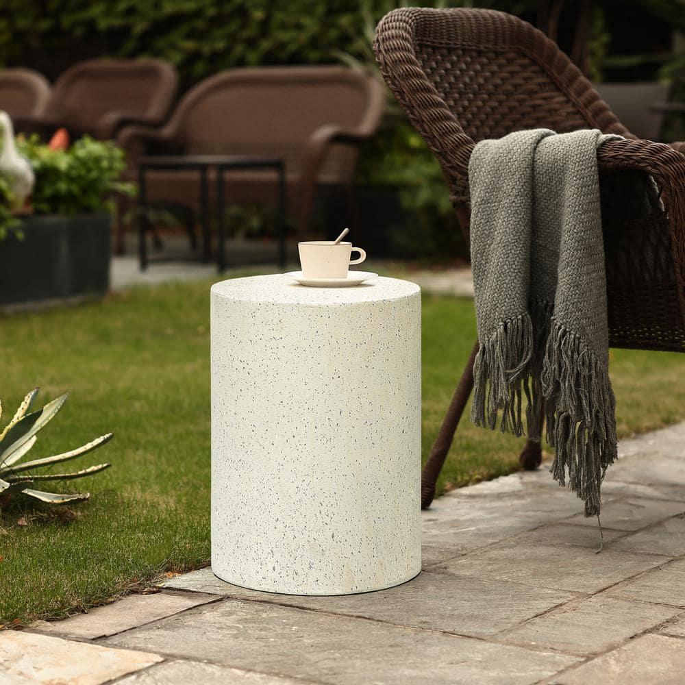 LuxenHome Patio Side Table, 18'' Cream with Speckled Gray Cement Round End Table,Accent Table for Outdoor Indoor, Garden Stool Plant Stand Off-White