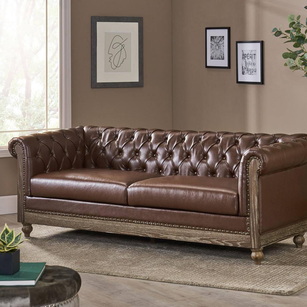 Noble House Glencoe Upholstered Tufted 3 Seater Sofa, Dark Brown