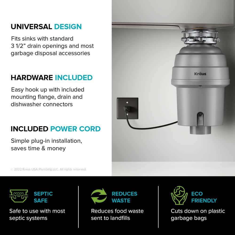 Kraus KRAUS Wasteguard High-Speed 1 HP Continuous Feed Ultra-Quiet Motor Garbage Disposal With Power Cord And Flange Included And Universal Mount, KWD200-100MGR