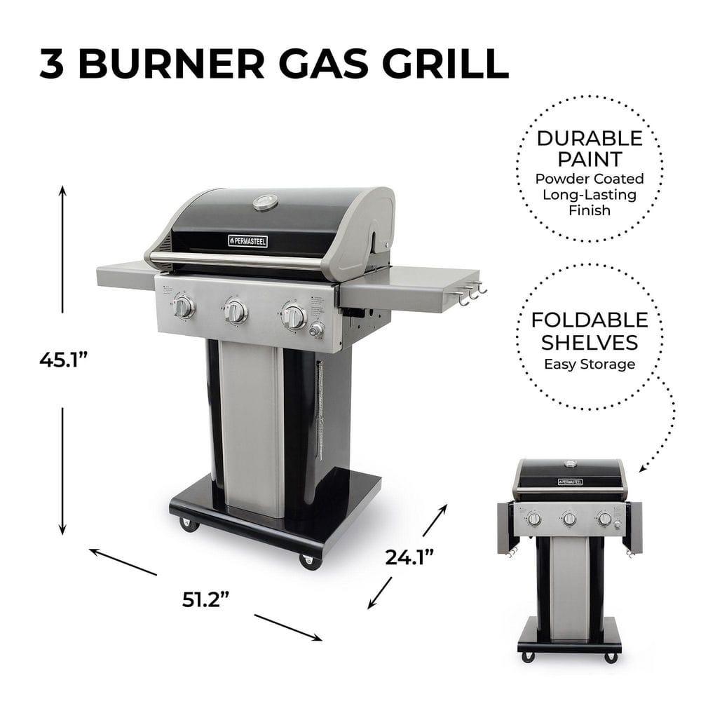 Permasteel 3-Burner Compact Propane Gas Grill with Foldable Side Tables and Grilling Tool Hooks