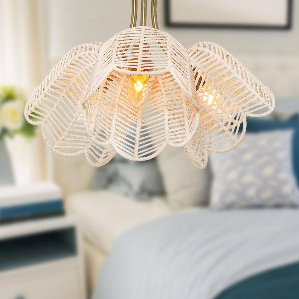 11.5" Meg Brushed Gold Metal Ceiling Light with Rattan Shade - River of Goods: Semi-Flush, 3-Light Fixture