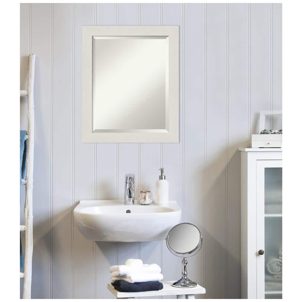 Amanti Art Beveled Bathroom Wall Mirror - Rustic Plank White Narrow Frame Outer Size: 19 x 23 in