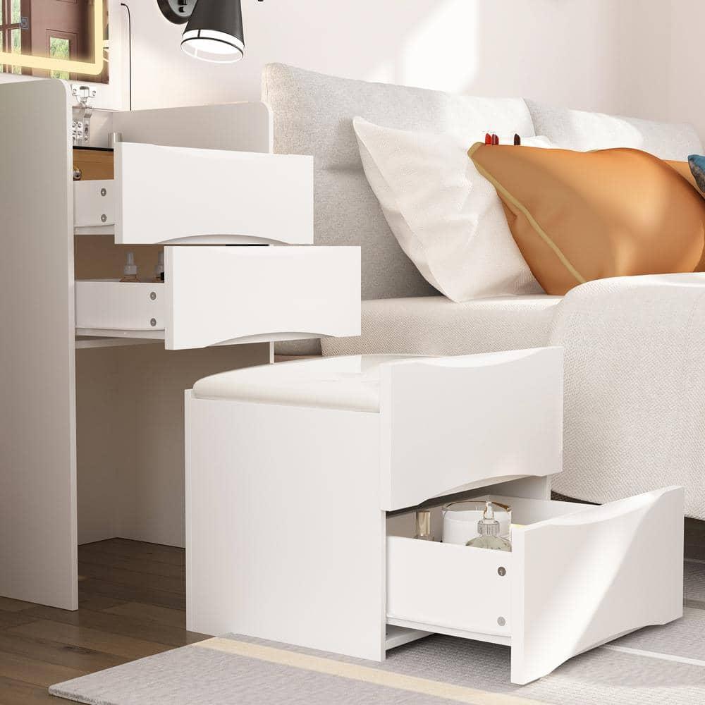 Joqixon Vanity Desk with Flip Top Mirror and Lights, Makeup Vanity Set with Glass Shelf, Space Saving Dressing Table with 3 Drawers & Cushion Stool for Bedroom, White