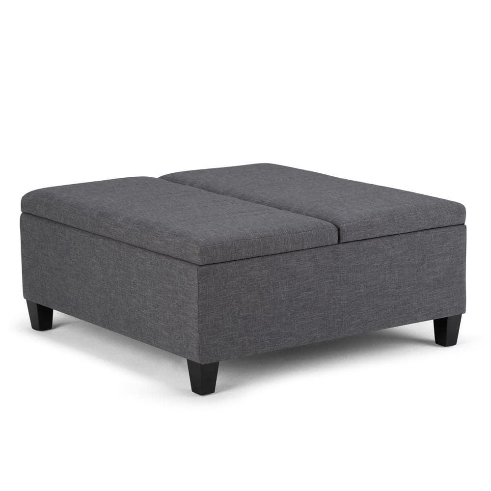 Simpli Home Ellis 36"W Upholstered Square Coffee Table Storage Ottoman with Split Lift Top