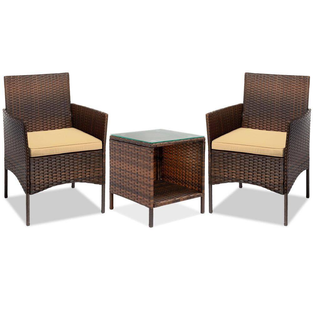 Best Choice Products 3-Piece Outdoor Wicker Conversation Patio Bistro Set, w/ 2 Chairs, Table - Brown/Tan