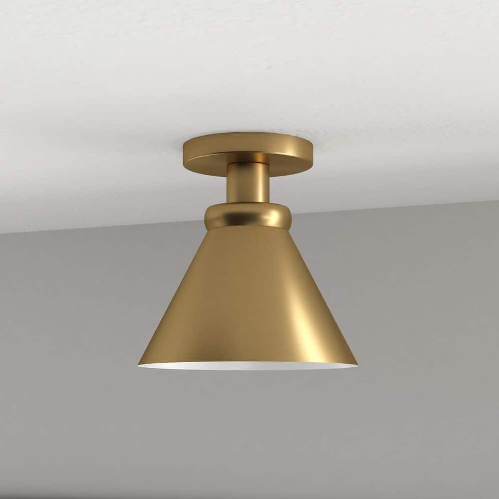 Evelyn&Zoe Zeno 8.63" Semi Flush Mount with Metal Shade in Brushed Brass/Brushed Brass