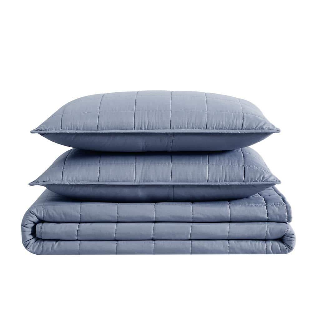 2pc Twin/Twin Extra Long Garment Wash Solid Quilt Set Blue - London Fog: Microfiber Bedding with OEKO-TEX Certified