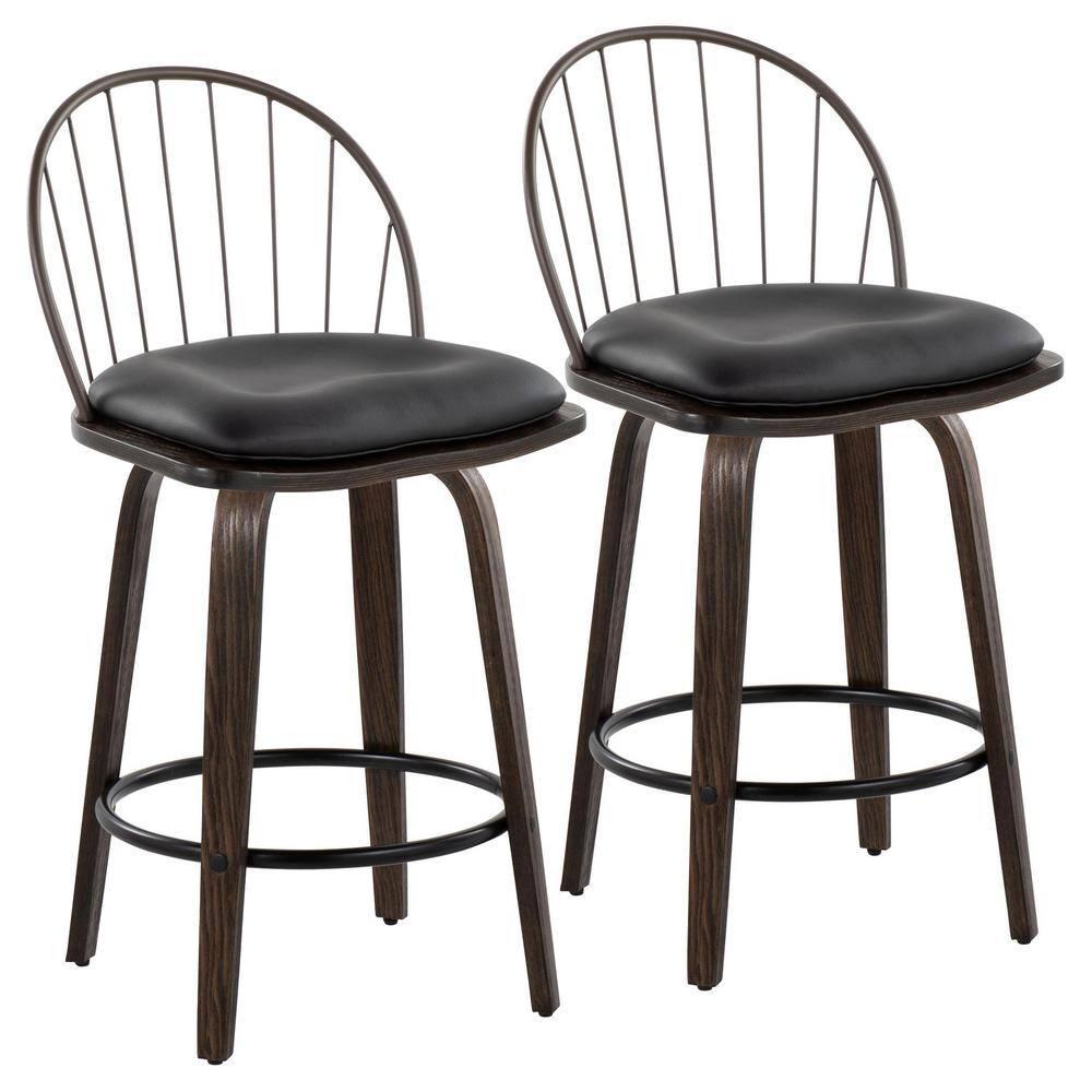 Set of 2 Riley Counter Height Barstools Walnut/Brown: Farmhouse Style, Swivel, Faux Leather - LumiSource