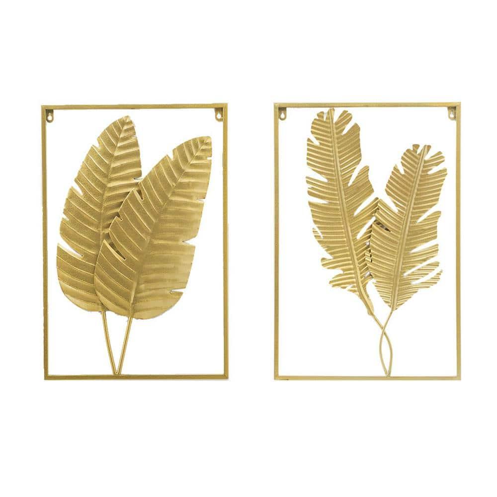 Rosdorf Park Gold Metal Wall Decor Set Of 2, Leaf Wall Hanging Home Decor With Frame, Modern Wall Art Decor Wall Sculptures For Living Room, Bedroom, Office, Hotel, Large 24" X 16"