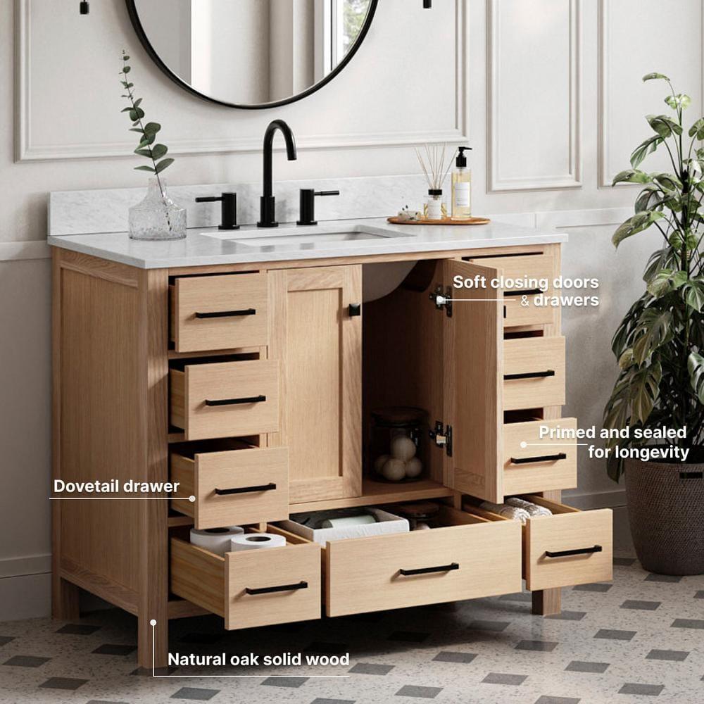 Ariel Cambridge 43 Inch Bathroom Vanity With Italian Carrara Marble Countertop 0.75 inch In Oak
