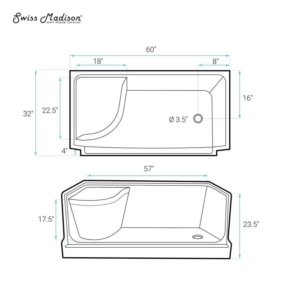 Swiss Madison Aquatique 60" x 32" Single Threshold Shower Base With Right Hand Drain and Integral Left Hand Seat  SM-SB538BV