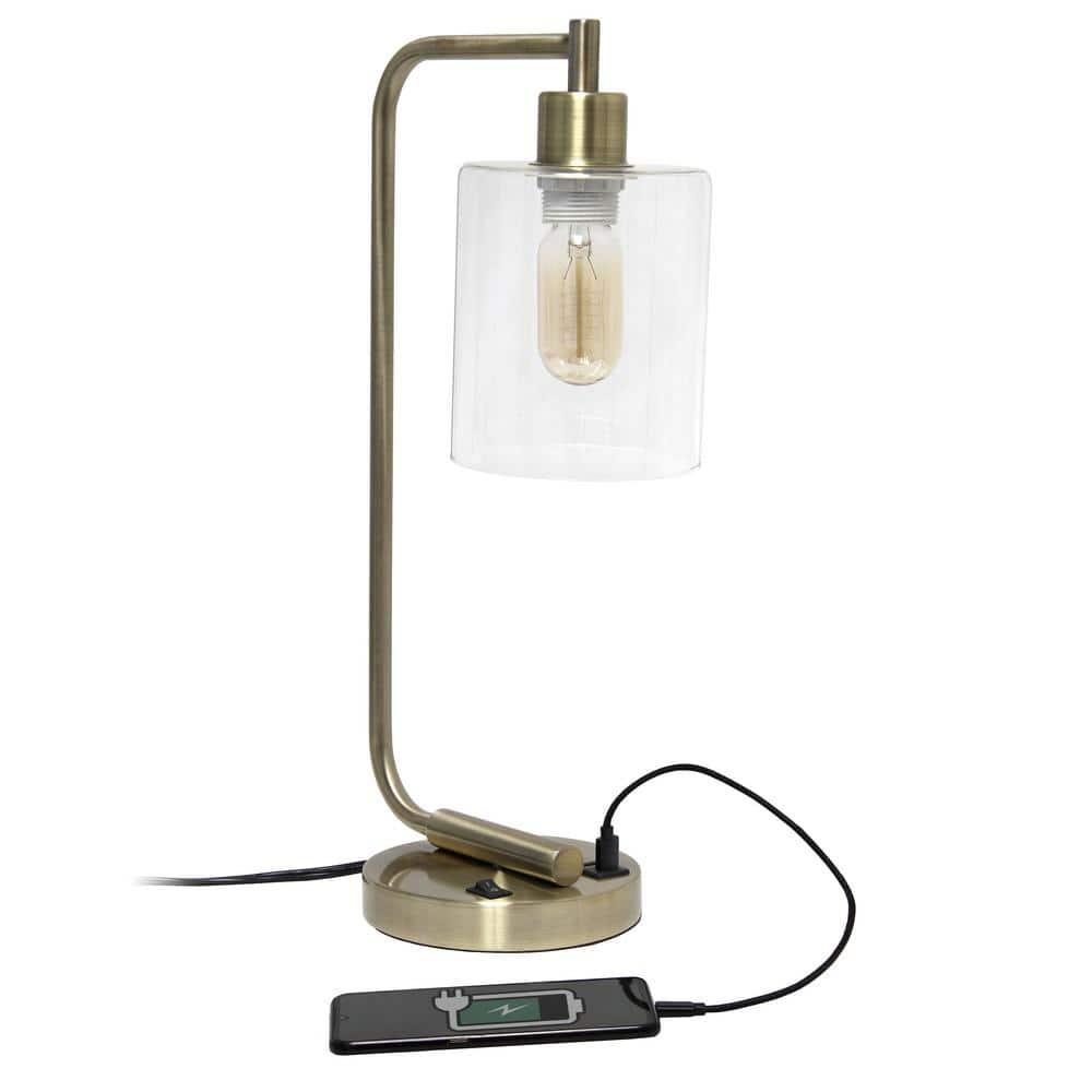 Modern Iron Desk Lamp with USB Port and Glass Shade Antique Brass Finish - Lalia Home: ETL Listed, No Assembly, Edison Bulb Compatible