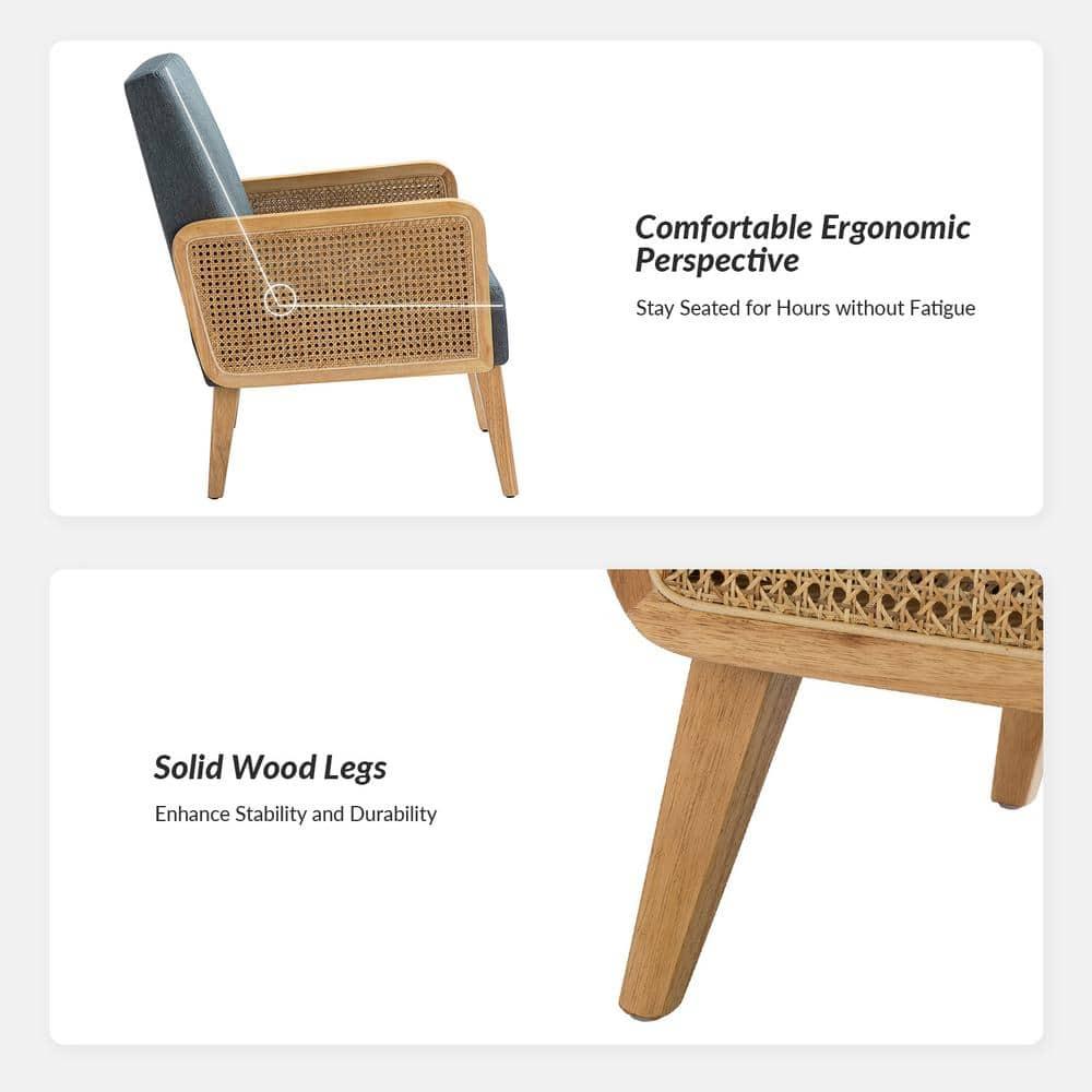 Farmhouse Accent Chair Rattan Armrests Fabric Upholstered Wooden Reading Armchair Living Bedroom Blue