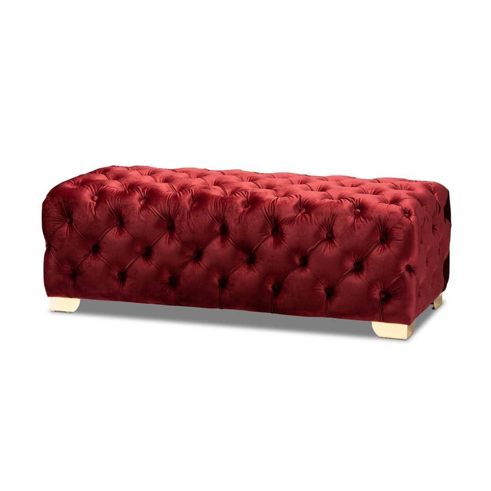 Avara Velvet Button Tufted Bench Ottoman Red - Baxton Studio: Gold Legs, Plywood Frame, Luxurious Bedroom Furniture