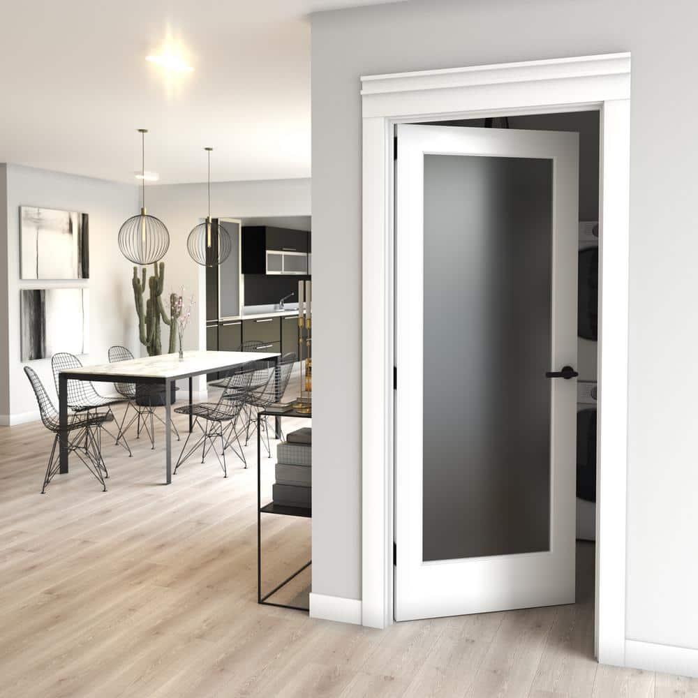 30 in. x 80 in. x 1-3/8 in. Frosted Glass 1-Lite White Finished Solid Wood Core French Interior Door Slab