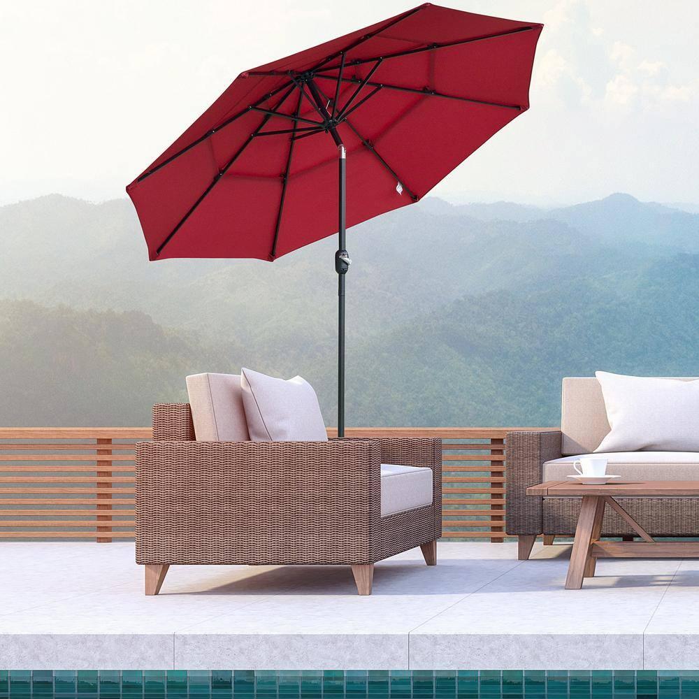 Outsunny 9' 3-Tier Patio Umbrella, Outdoor Market Umbrella with Crank and Push Button Tilt for Deck, Backyard and Lawn, Red