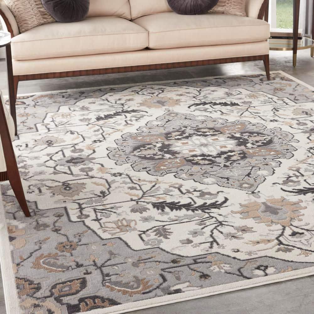 Elation Ivory Grey 8 ft. x 10 ft. Center Medallion Traditional Area Rug