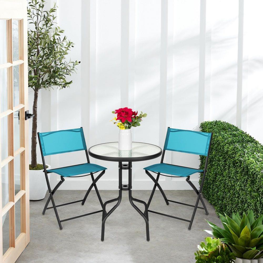 George Oliver 3-Piece Patio Bistro Dining Furniture Set W/ Glass Tabletop, Folding Chairs