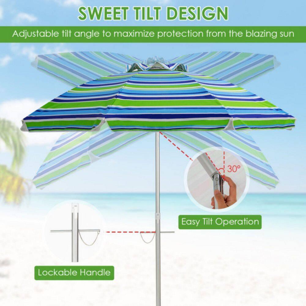 Tangkula 6.5Ft Beach Umbrella w/ Tilt Mechanism Sand Anchor Carrying Bag Blue + Green