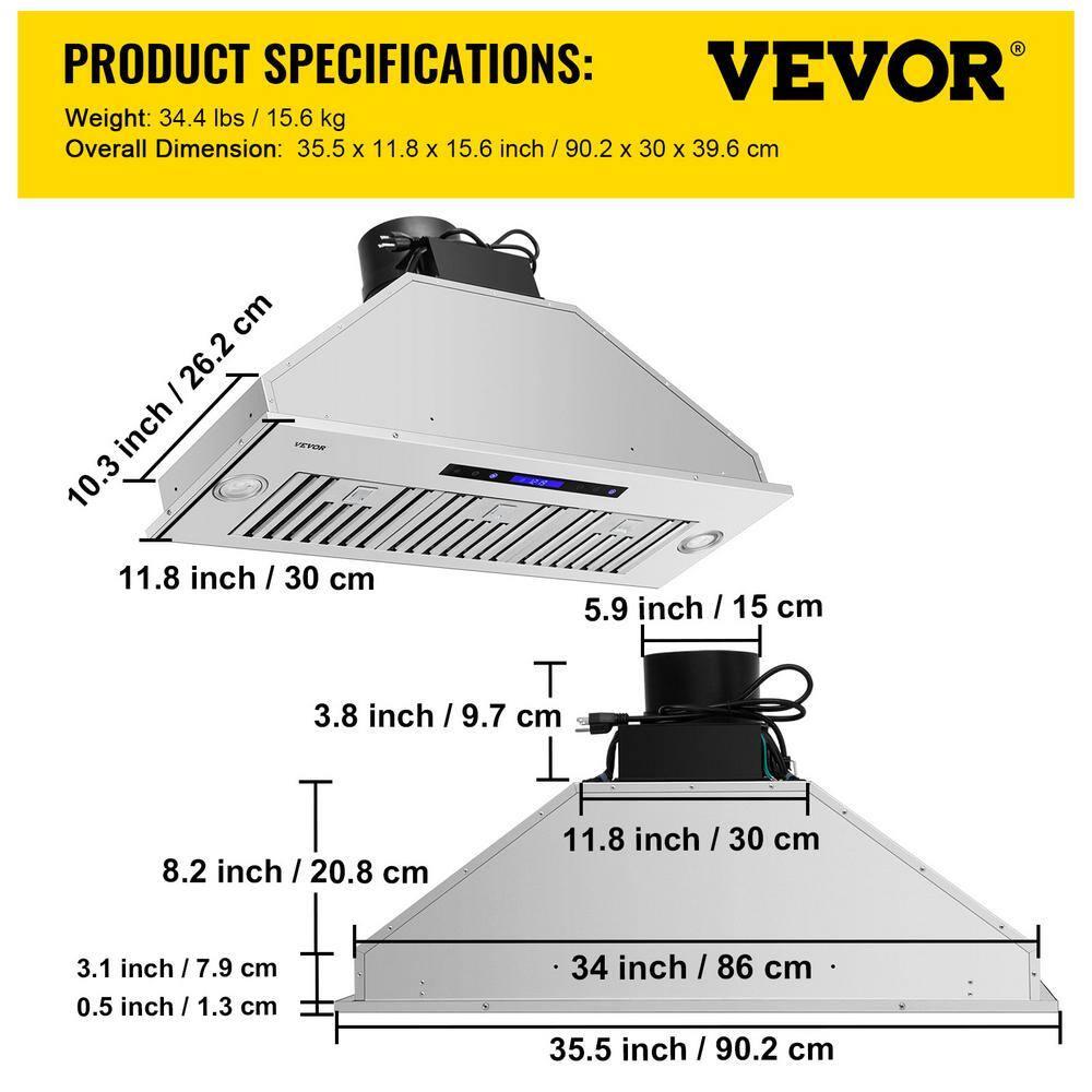 VEVOR 36" 900 CFM 4 Speed Ducted Insert Range Hood with Charcoal Filter and Light