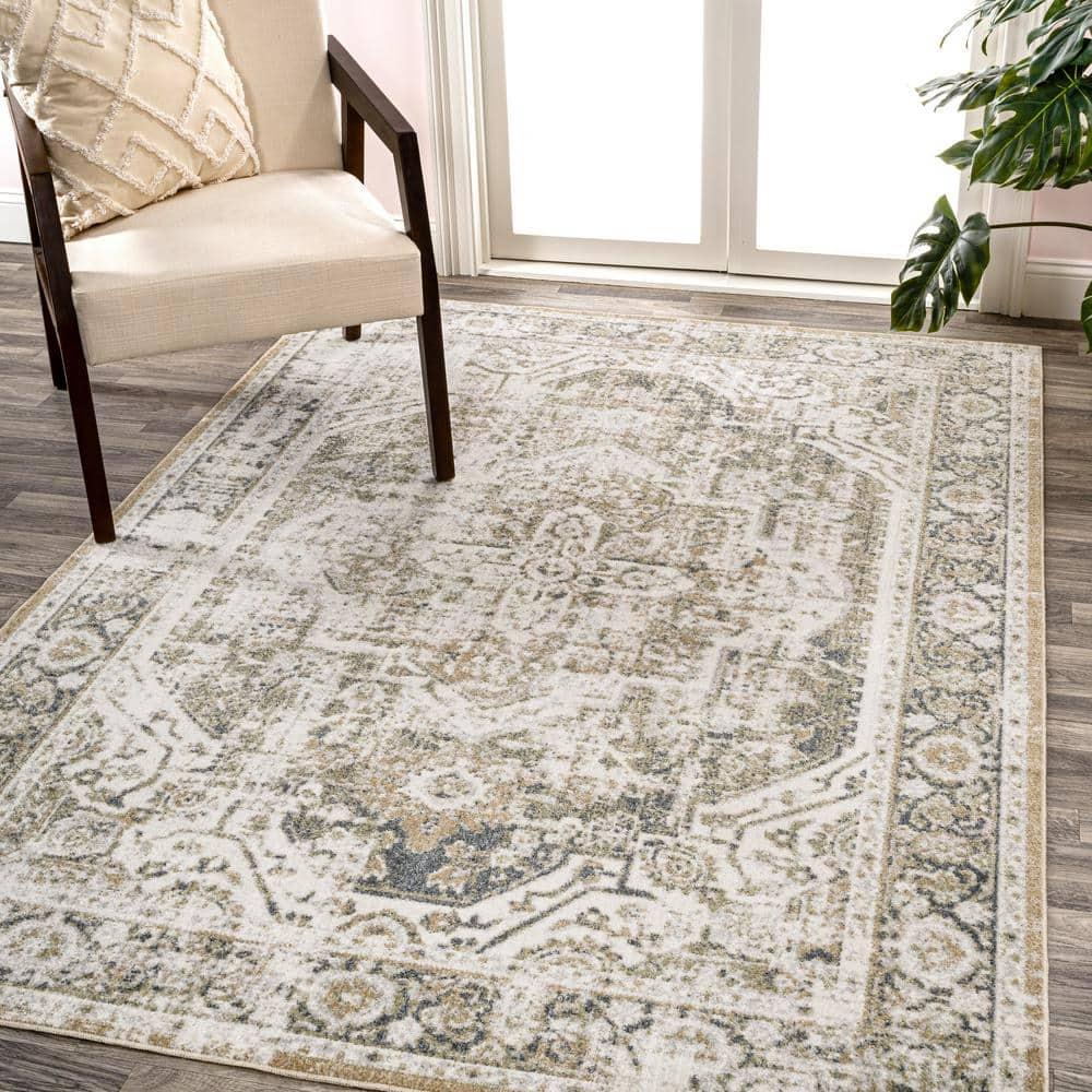 JONATHAN Y Keesha Bold Distressed Medallion Low-Pile Machine-Washable Green/Cream 8 ft. x 10 ft. Area Rug